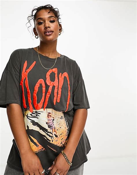 Asos Design Curve Oversized T Shirt With Korn Licenced Graphic In Washed Charcoal Asos