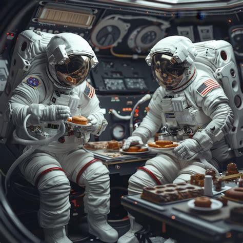 Two astronauts are eating food in a cockpit with one of them wearing a ...