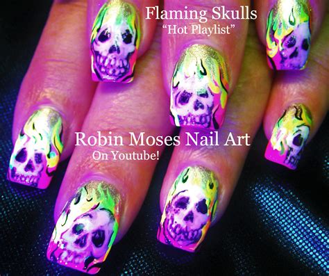 Nail Art By Robin Moses Neon Nails Flaming Skulls Skull Nails