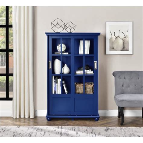 Navy Blue Barrister Glass Door Bookcase Bookshelf Wooden Cabinet ...