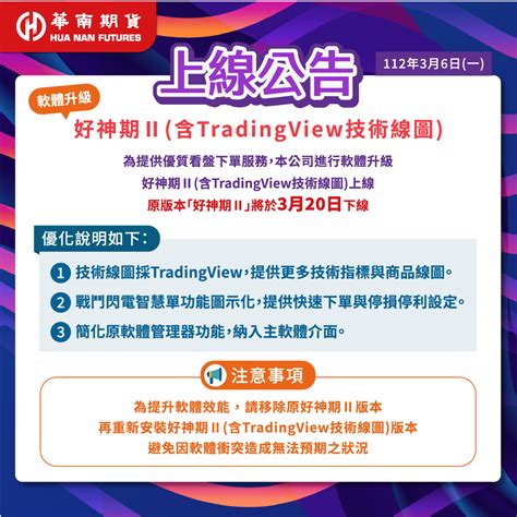 華南期貨 最新消息 【系統上線公告】好神期Ⅱ含tradingview技術線圖 於0306上線，詳內文