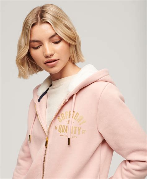 Dames Luxe Hoodie Met Metallic Logo En Rits Vintage Blush Pink Superdry Nl