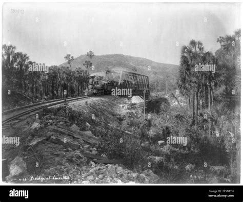 Mexico Railroad Scenes Train Crossing Bridge At Crucitas Stock Photo