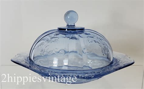 Vintage Round Covered Butter Recollection Blue By Indiana Glass