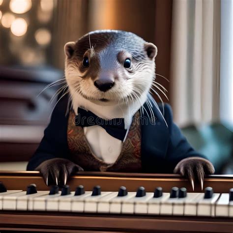 A Dashing Otter in a Bowtie and Suspenders, Playing a Grand Piano5 Stock Illustration ...