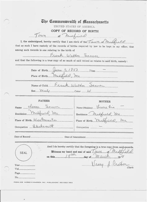 Genea Musings Treasure Chest Thursday Birth Certificate For Frank Walton Seaver 1852 1922