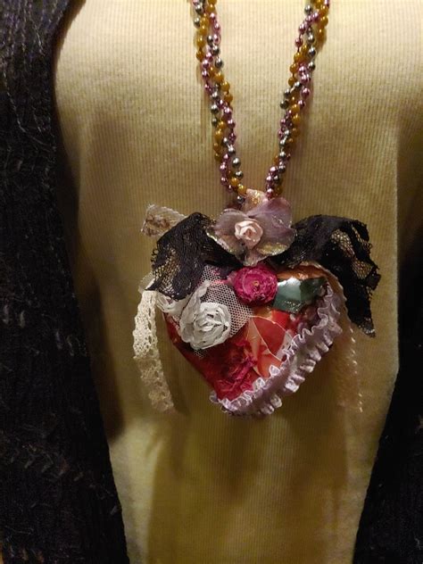 Ooak Handmade Heart Necklace Decoupaged Heart Of Photography Fabrics