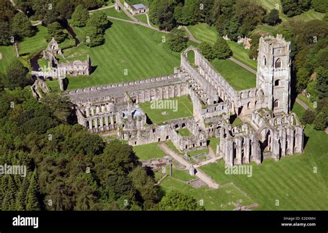 Aerial view of Fountains Abbey, near Ripon, one of the largest and ...