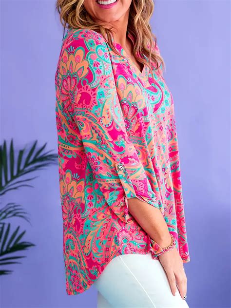 Boho Top Plus Size Women S Plus Paisley Print Roll Sleeve Temu