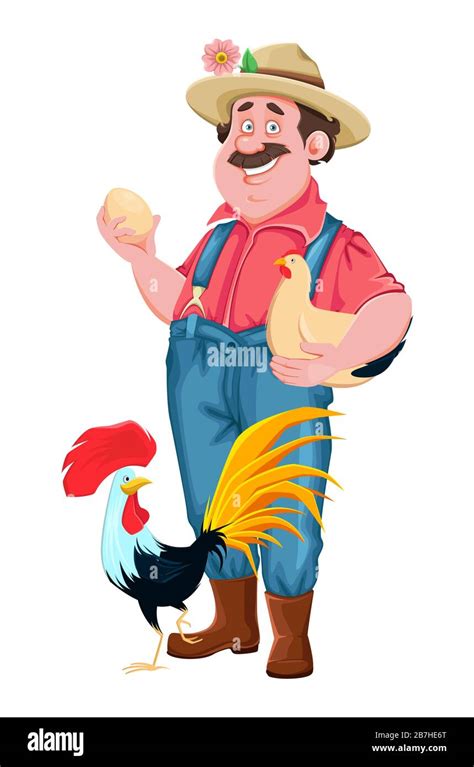 Farmer Cartoon Character Cheerful Farmer With Chicken And Rooster