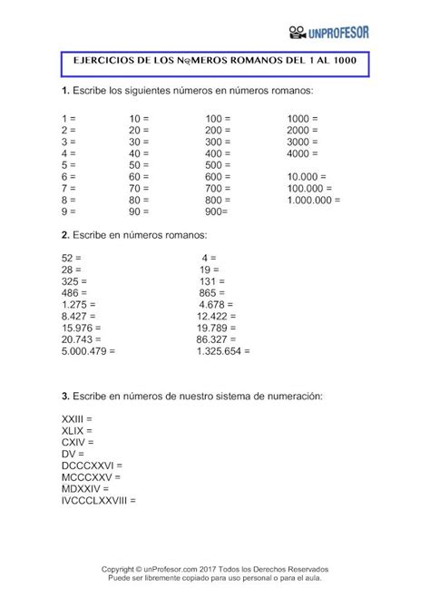 PDF EJERCICIOS DE LOS NÚMEROS ROMANOS DEL 1 AL 1000 PDF