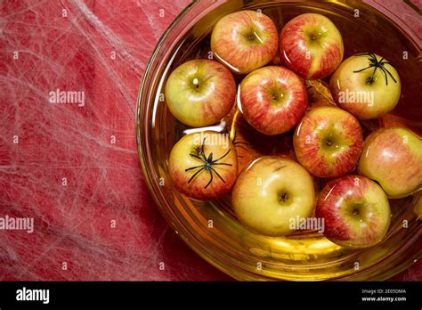 A Halloween apple bobbing game on a spooky cobweb layered red halloween ...