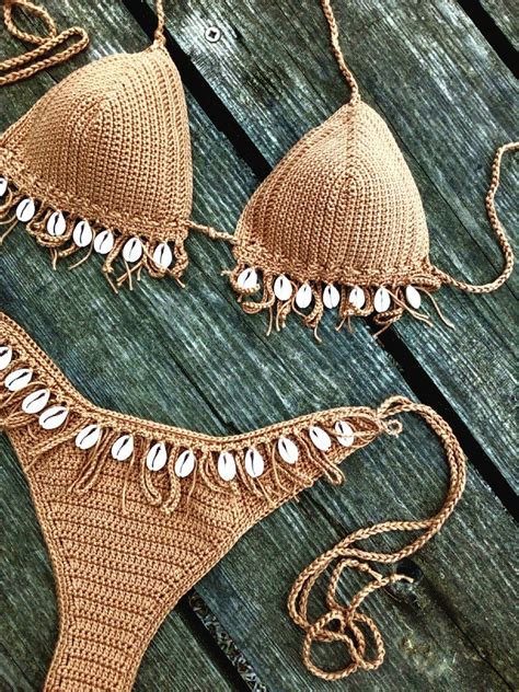 Crochet Bikini Set Tan Brown Bikini With Cowrie Sea Shells Bikini