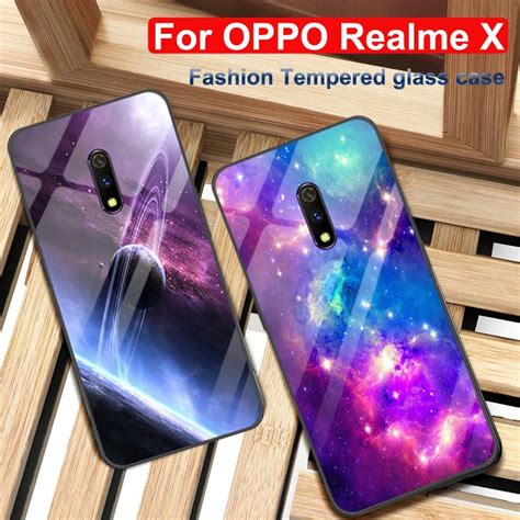 For Oppo Realme X Case Starry Star Tempered Glass Tpu Edge Slim Thin Hard Back Cover Cases For