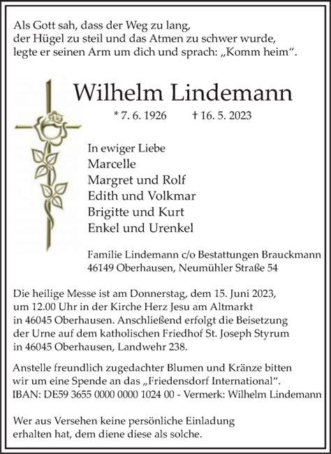 Traueranzeigen Von Wilhelm Lindemann Trauer In Nrw De