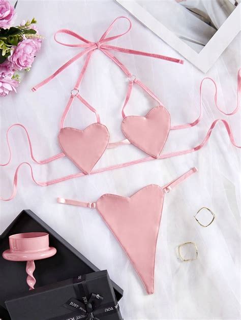 Heart Patterned Sexy Halter Lingerie Set With String Ties Valentine S