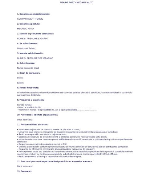 DOC Fisa De Post Mecanic Auto PDFSLIDE TIPS