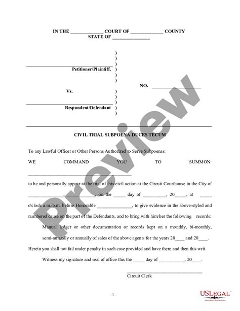 Civil Trial Subpoena Duces Tecum Subpoena For Trial Us Legal Forms