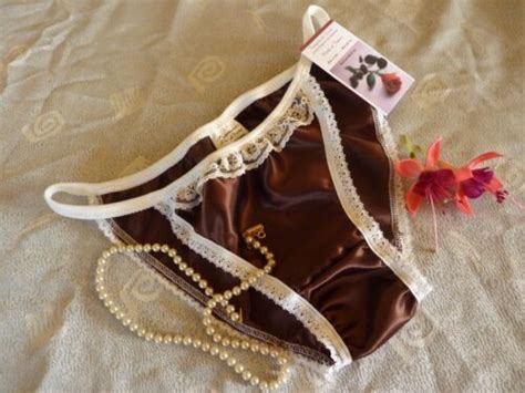 Brown Shiny Satin Panties Mini Tanga String Bikini Ivory Lace Made In