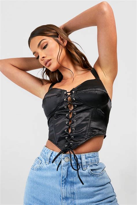 Lace Up Wide Strap Satin Corset Top Boohoo Au