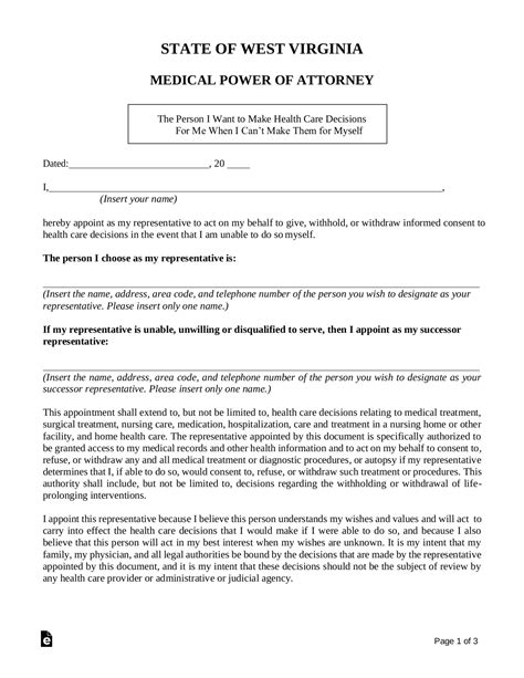 Free West Virginia Medical Power Of Attorney Form Pdf Word Eforms