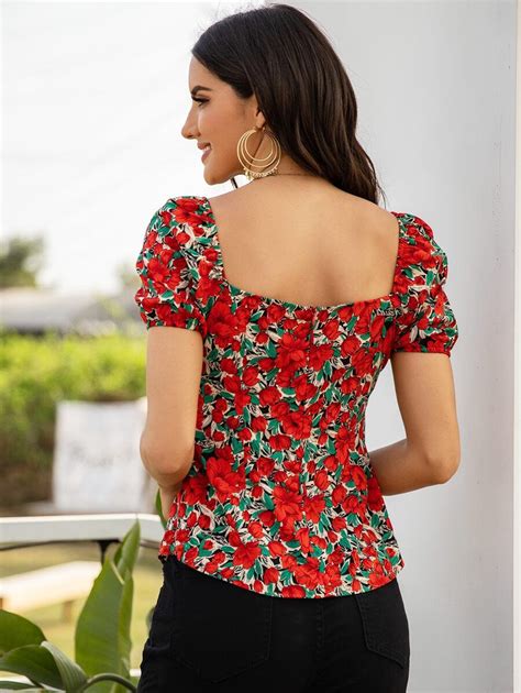 Camisa Fruncido Delantero Con Estampado Floral Mode De Mujer SHEIN