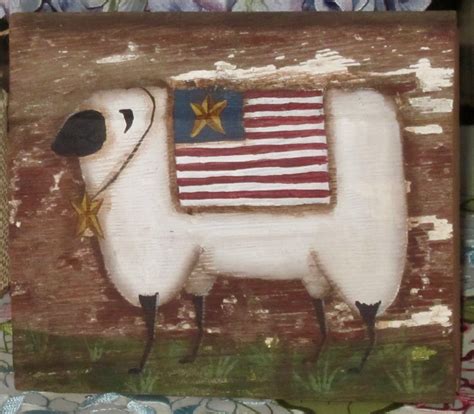 Primitive Hp Folk Art Prim Americana Sheep Flag Old