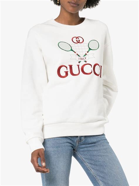 Gucci Tennis Logo Embroidered Cotton Sweatshirt In White Lyst