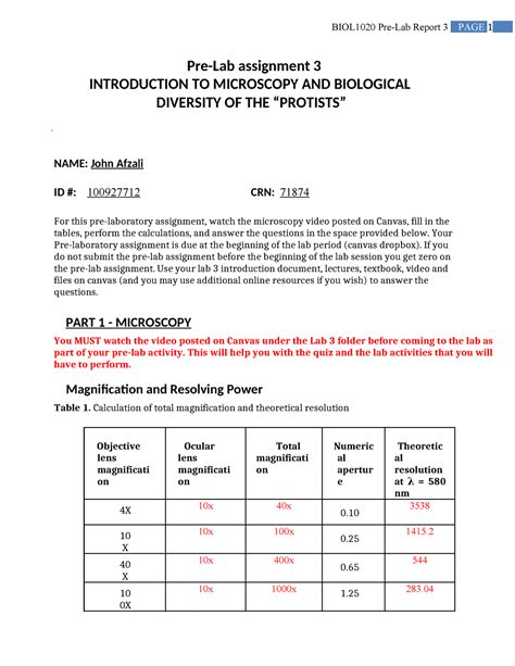 Lab 3 Pre Lab Assignment Pre Lab Assignment 3 Introduction To Microscopy And Biological