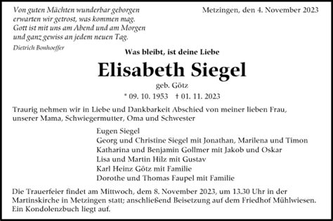 Traueranzeigen Von Elisabeth Siegel S Dwest Presse Trauer