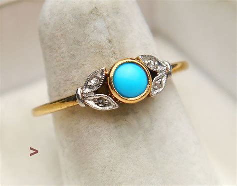 Antique European Ring Solid 14K Gold Turquoise Diamonds US 5 75 1 7gr