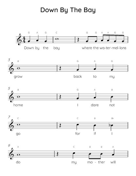 Down By The Bay Easy Piano Sheet Music Digital Downloadable Musical