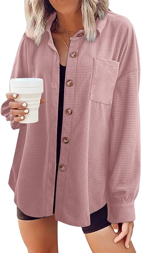 Wiholl Button Up Tops For Women Loose Fitting Fall Long Sleeve Shirts With Pocket Casual Work