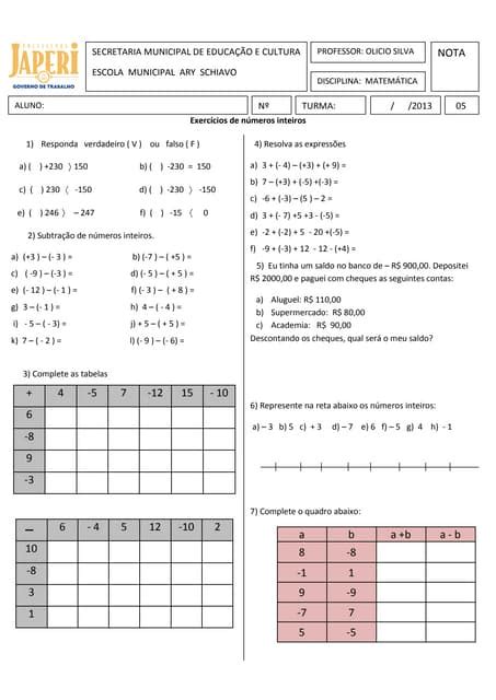 Lista (5) de exercícios adição e subtração 2 parte | PDF