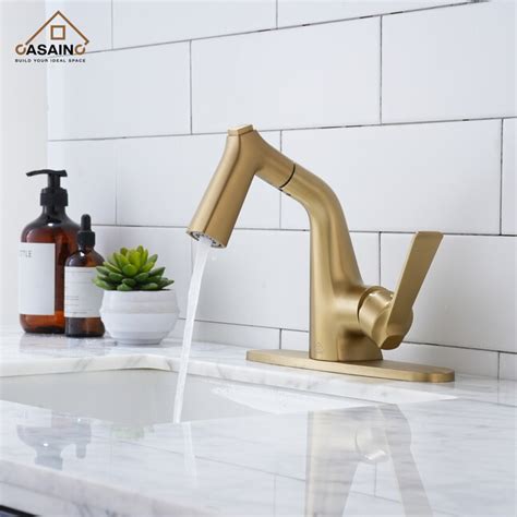 Casainc Brushed Gold Single Hole 1 Handle Swivel Pull Down Bathroom Sink Faucet With Deck Plate