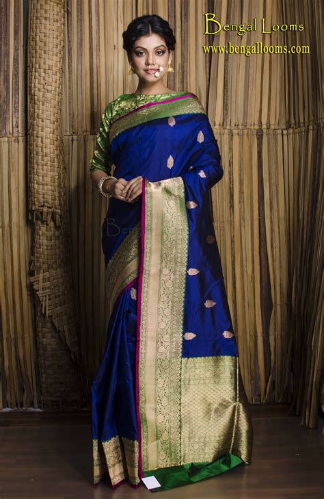 Pure Katan Banarasi Silk Saree In Dark Blue Green And Gold Saree