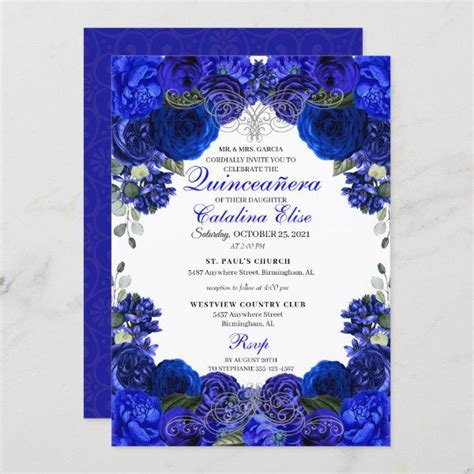 Royal Blue Silver Floral Quinceanera Birthday Invitation Zazzle