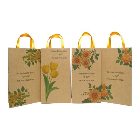 Sacolas Kraft Floral Amarela Lembrancinha De Casamento Cm