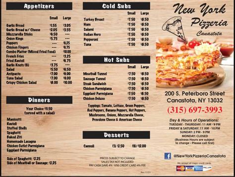 Menu at New York Pizzeria, Canastota