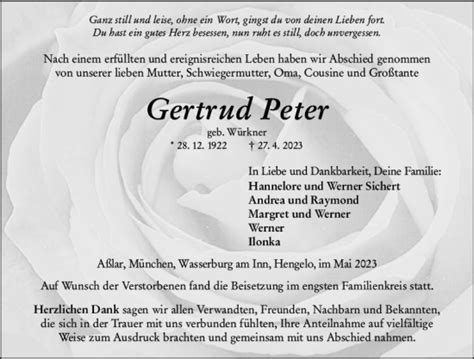 Traueranzeigen Von Gertrud Peter Vrm Trauer De