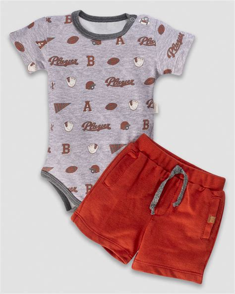 Conjunto Safari Body Manga Curta Bordado Short Bebe Menino Moletinho