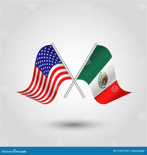 Vector Crossed American and Mexican Flags on Silver Sticks - Symbol of