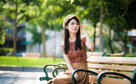 Picture Brunette Girl Bokeh Girls Asiatic Sit Bench 3840x2400