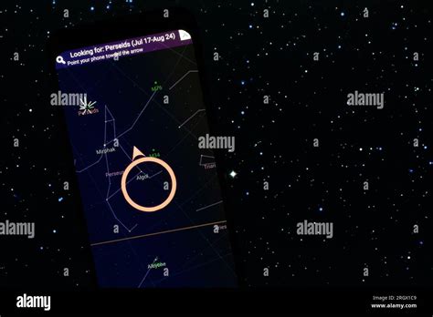 Google Sky Map app locating the Perseid meteorite shower. Star filled ...