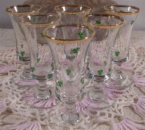 Vintage Bar Glasses Set of Six Gold Rimmed Shamrock / Clover Stemmed ...