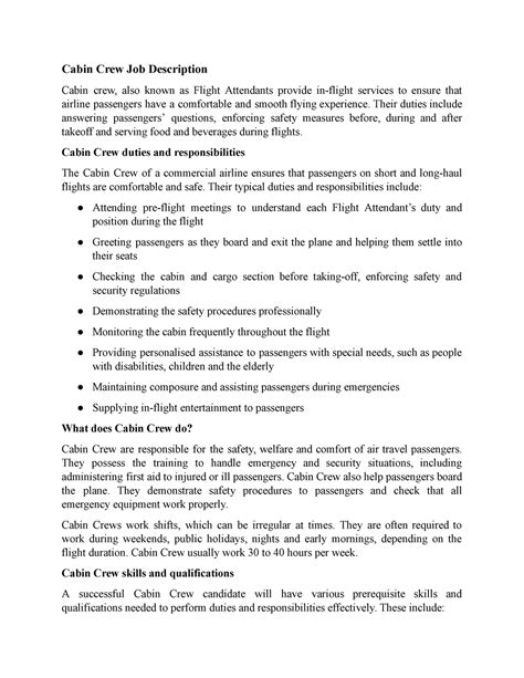 Job Description Cabin Crew Job Description Cabin Crew Also Known As Flight Attendants