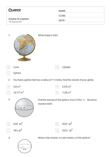 Volume Of A Sphere Worksheets For Th Grade On Quizizz Free