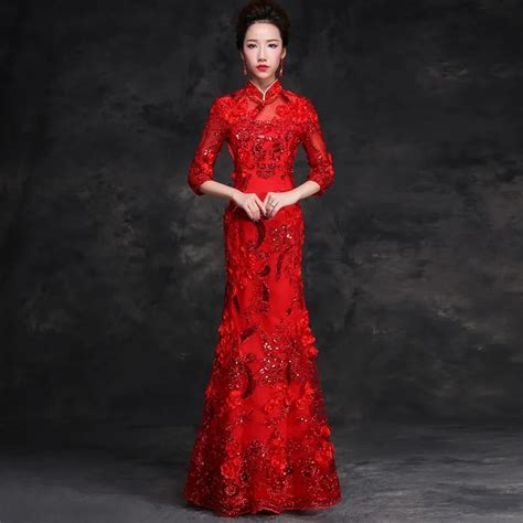 Bride Red Long Lace Cheongsam Traditional Chinese Fashion Dress Modern