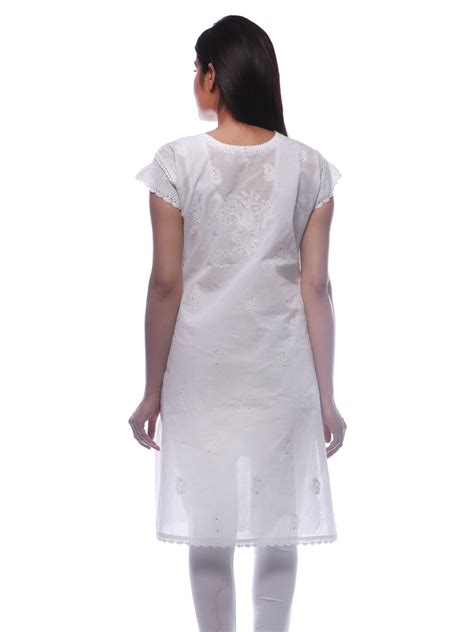 Seva Chikan Hand Embroidered White Cotton Lucknowi Chikan Kurti With M