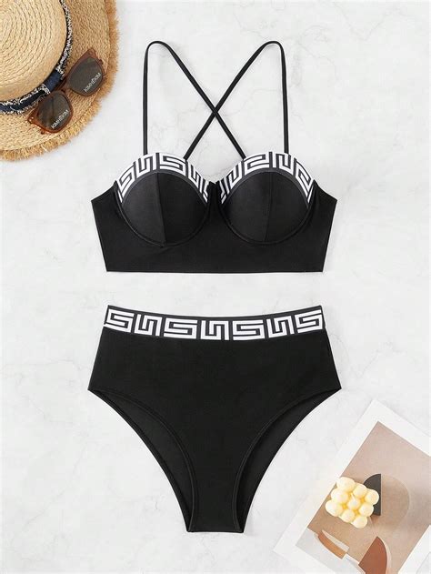 Shein Swim Conjunto De Bikini De Tirantes Con Estampado Geom Trico